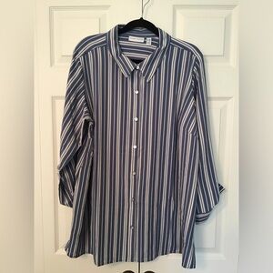 SUSAN GRAVER Women's BLUE & WHITE Striped Roll Tab Button-Down Blouse 1XP